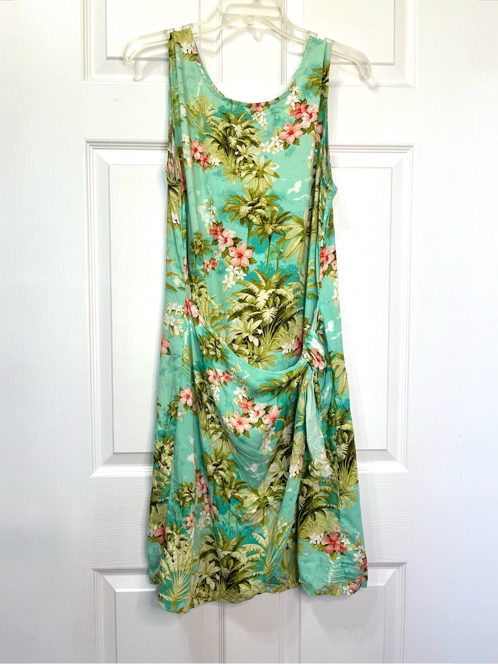 Puanani Tropical Faux Wrap Dress Women’s Large Palms Hibiscus Back Zip Hawaii